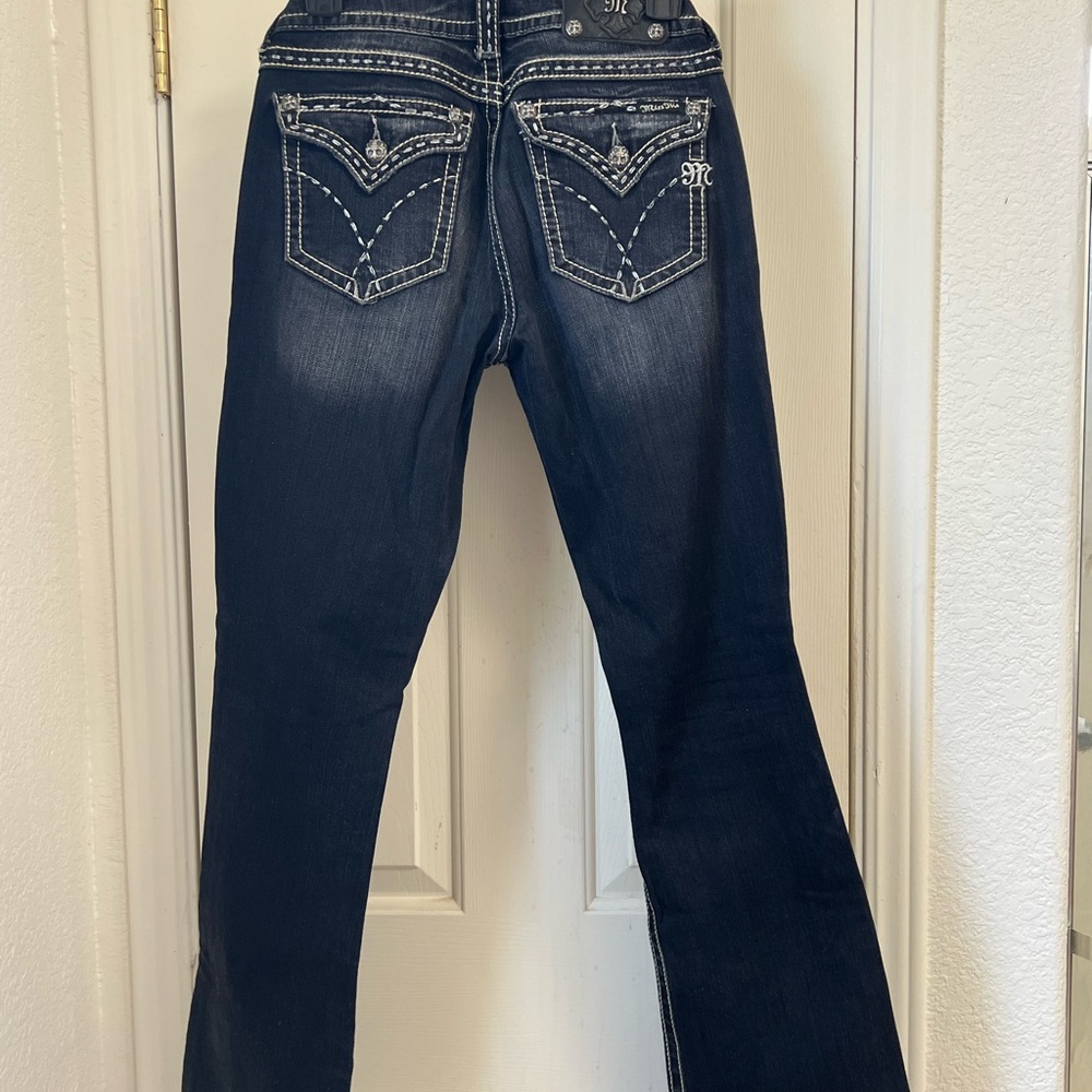 Miss Me FADED black color Boot Cut Jeans - White Stitching. Size 29 - 32inseam